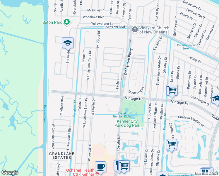 map of restaurants, bars, coffee shops, grocery stores, and more near 201 Cypress Bayou Lane in Kenner