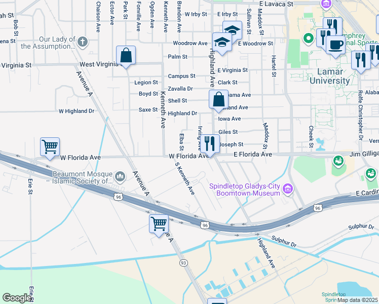 map of restaurants, bars, coffee shops, grocery stores, and more near 664 East Florida Avenue in Beaumont