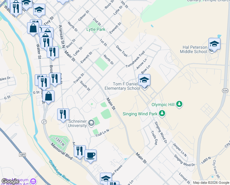 map of restaurants, bars, coffee shops, grocery stores, and more near 314 Bow Drive in Kerrville