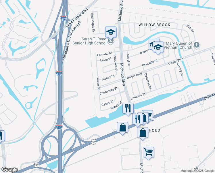 map of restaurants, bars, coffee shops, grocery stores, and more near 1340 Dwyer Boulevard in New Orleans