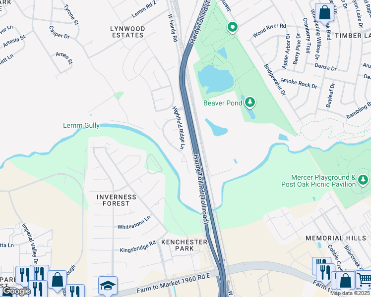 map of restaurants, bars, coffee shops, grocery stores, and more near 22414 Highfield Ridge Lane in Spring