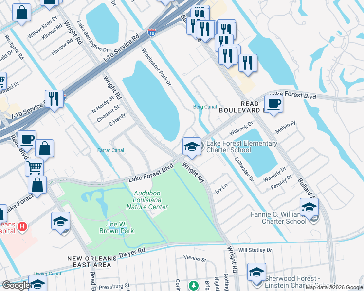 map of restaurants, bars, coffee shops, grocery stores, and more near 1112 Winchester Park Drive in New Orleans