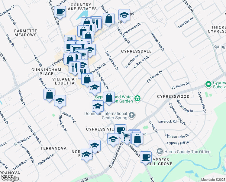 map of restaurants, bars, coffee shops, grocery stores, and more near 4731 Casemont Drive in Spring
