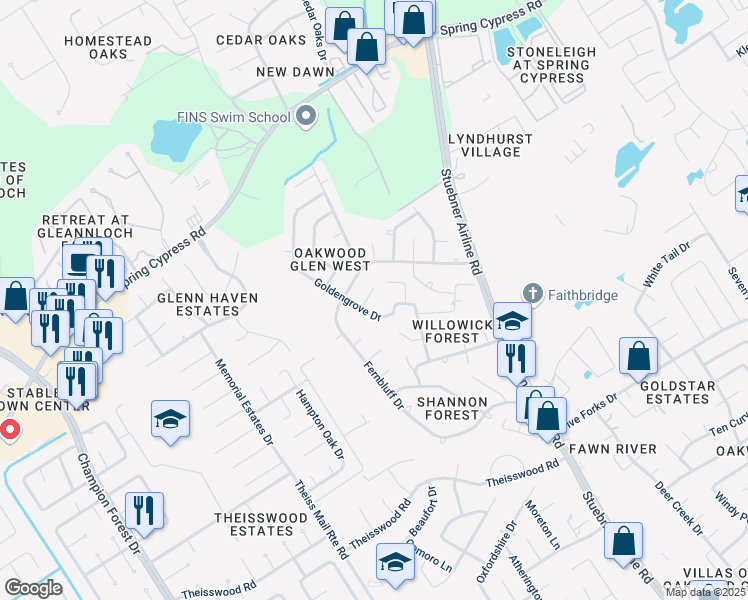 map of restaurants, bars, coffee shops, grocery stores, and more near 18410 Hazycrest Drive in Spring