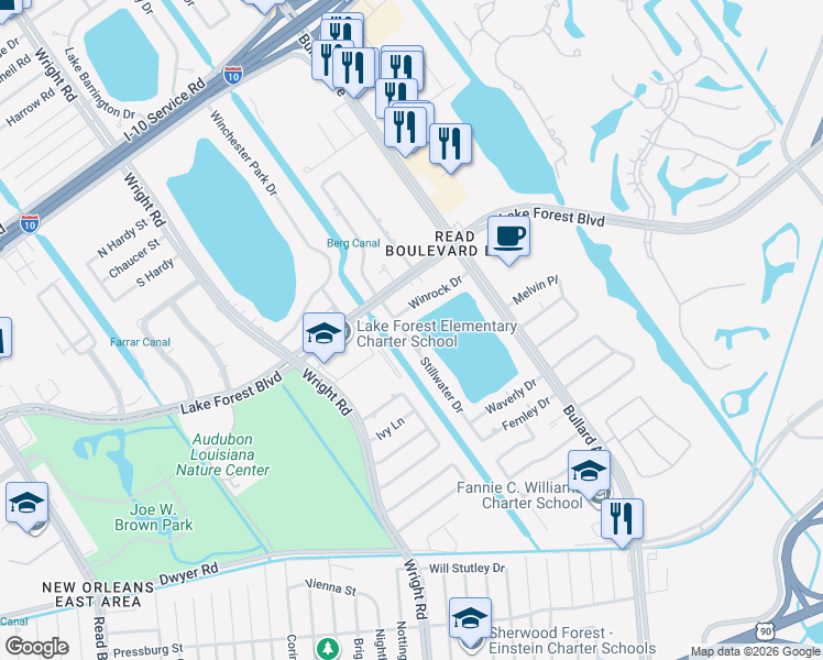map of restaurants, bars, coffee shops, grocery stores, and more near 5597 Stillwater Drive in New Orleans