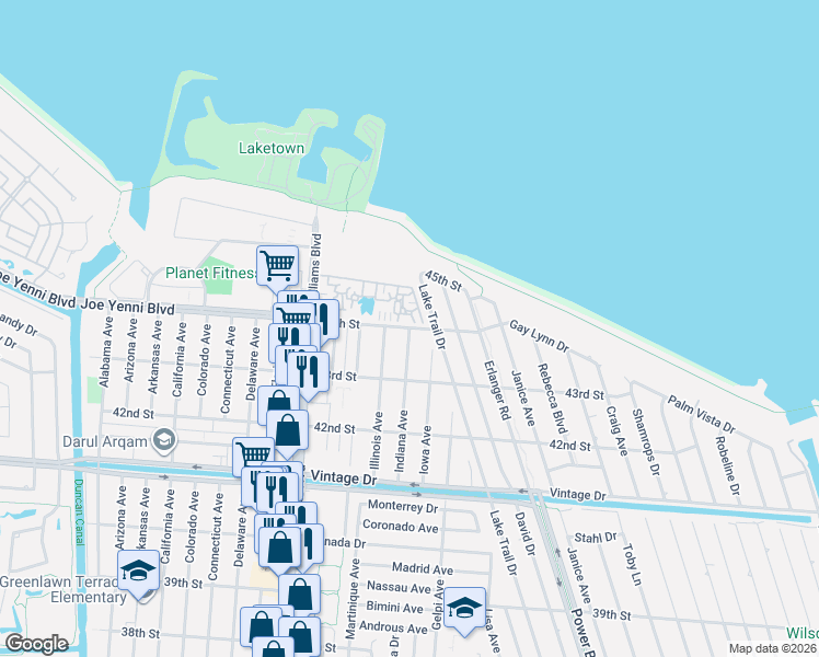 map of restaurants, bars, coffee shops, grocery stores, and more near 4395 Indiana Avenue in Kenner