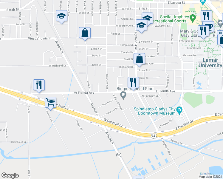 map of restaurants, bars, coffee shops, grocery stores, and more near 770 West Florida Avenue in Beaumont