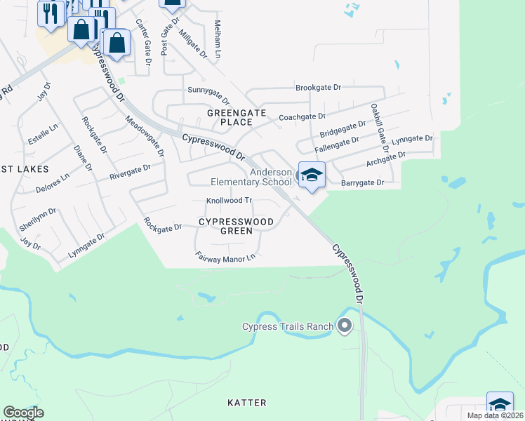map of restaurants, bars, coffee shops, grocery stores, and more near 6218 Knollwood Tr in Spring