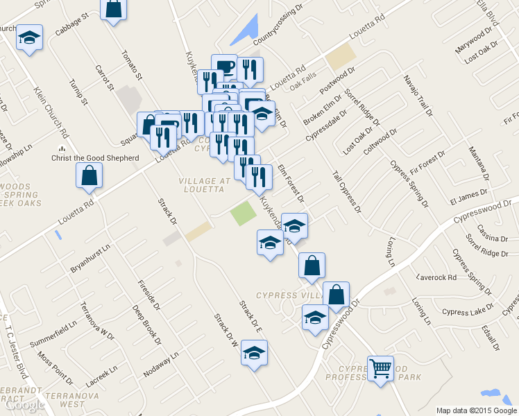 map of restaurants, bars, coffee shops, grocery stores, and more near 18117 Kuykendahl Road in Spring