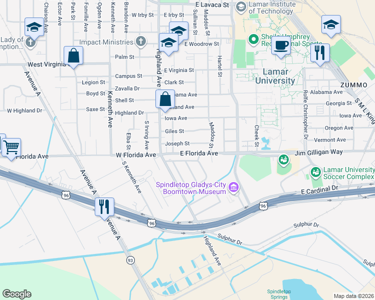 map of restaurants, bars, coffee shops, grocery stores, and more near 315 East Florida Avenue in Beaumont
