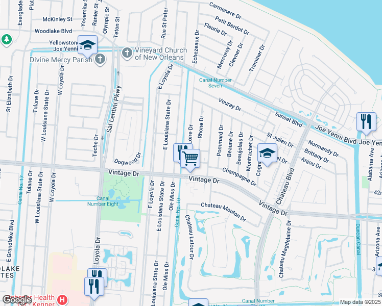 map of restaurants, bars, coffee shops, grocery stores, and more near 601 Chablis Drive in Kenner