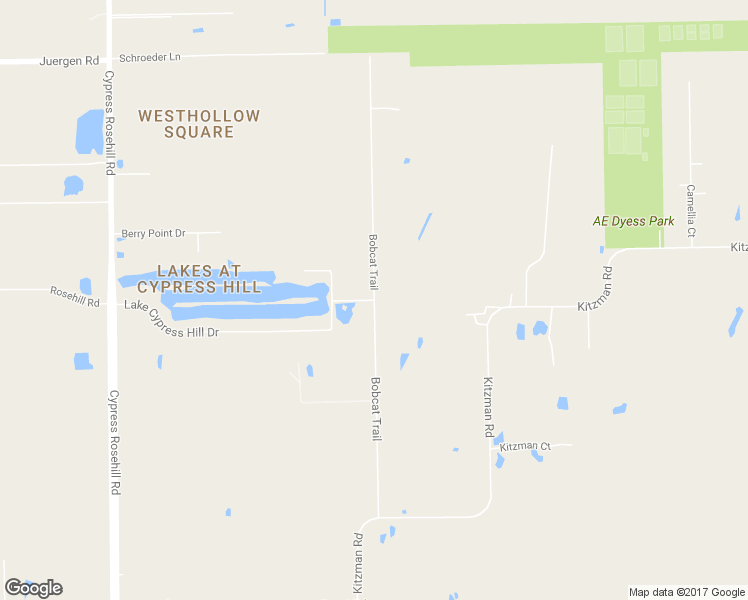 map of restaurants, bars, coffee shops, grocery stores, and more near 17104 Bobcat Trail in Cypress