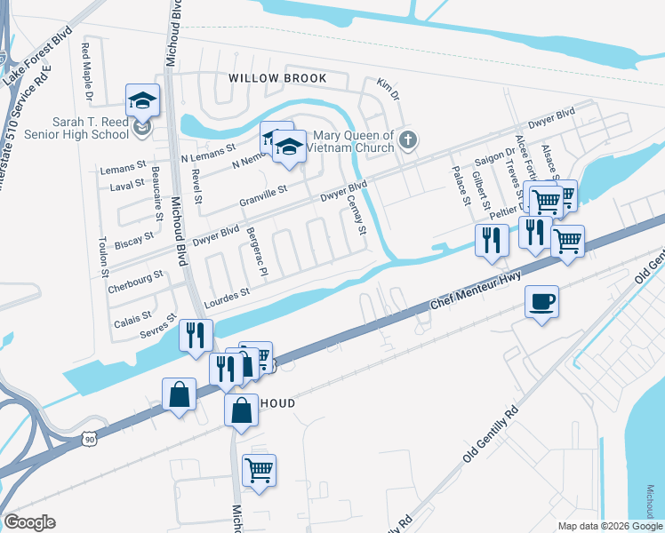 map of restaurants, bars, coffee shops, grocery stores, and more near 1371 Lourdes Street in New Orleans