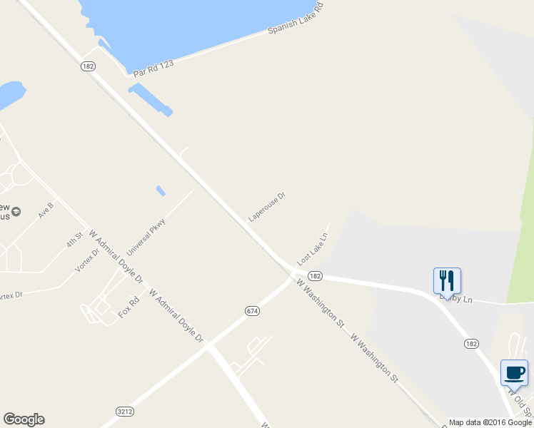 map of restaurants, bars, coffee shops, grocery stores, and more near 116 Laperouse Drive in New Iberia