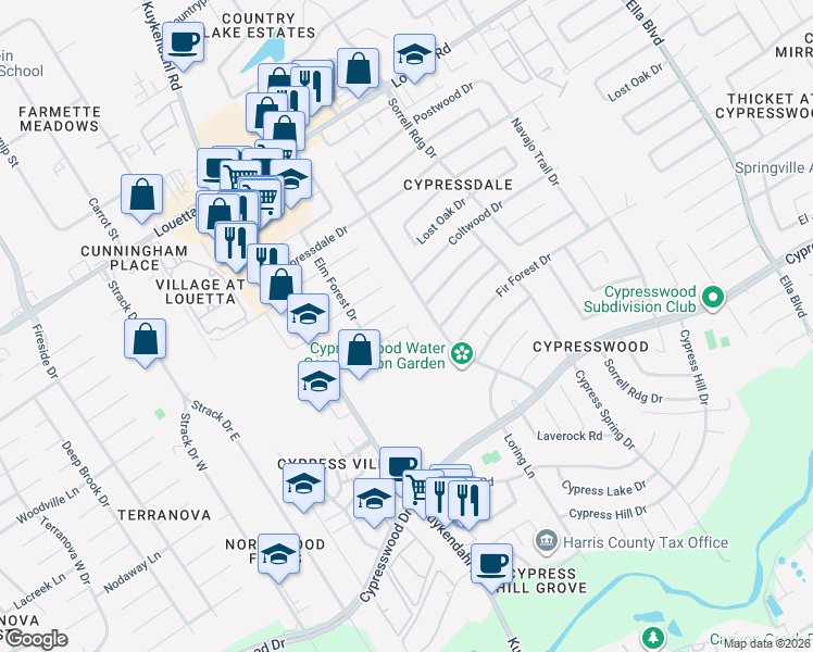 map of restaurants, bars, coffee shops, grocery stores, and more near 18026 Elmbrook Drive in Spring