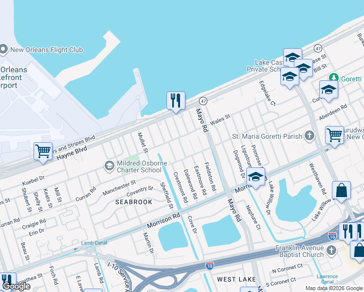 map of restaurants, bars, coffee shops, grocery stores, and more near 7801 Allison Road in New Orleans