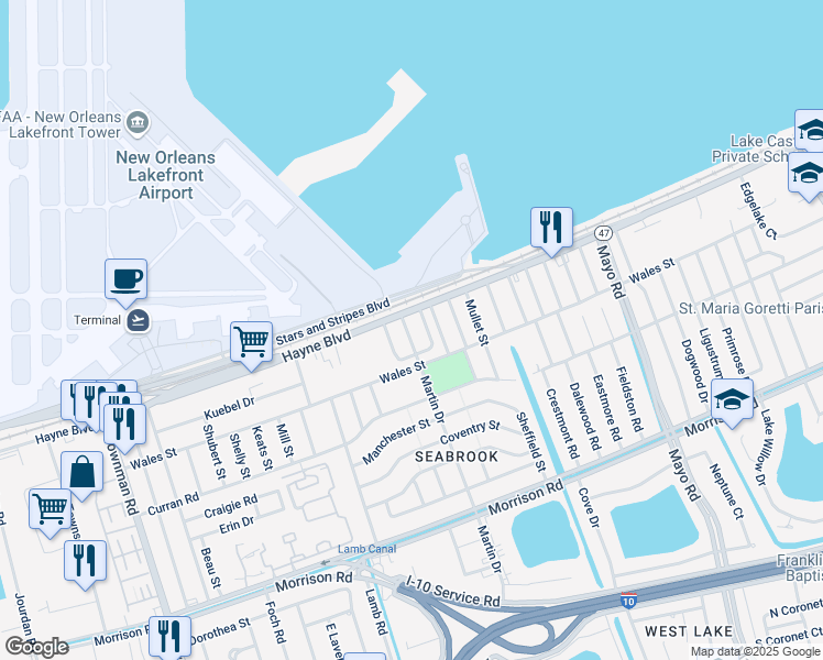map of restaurants, bars, coffee shops, grocery stores, and more near 52 Martin Drive in New Orleans