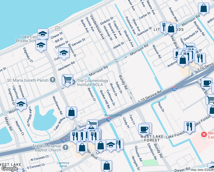map of restaurants, bars, coffee shops, grocery stores, and more near 7133 Yorktown Drive in New Orleans
