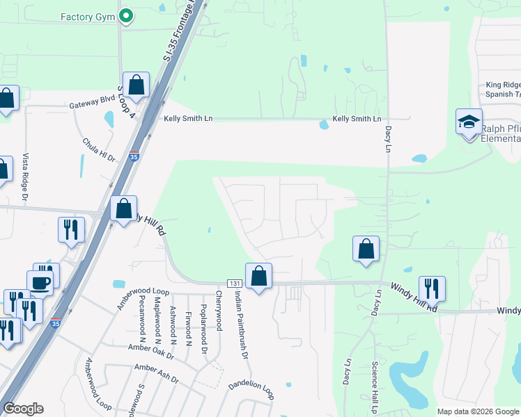 map of restaurants, bars, coffee shops, grocery stores, and more near 221 Northern Flicker Street in Kyle