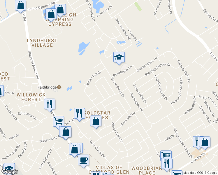 map of restaurants, bars, coffee shops, grocery stores, and more near 17727 Telegraph Creek Drive in Spring