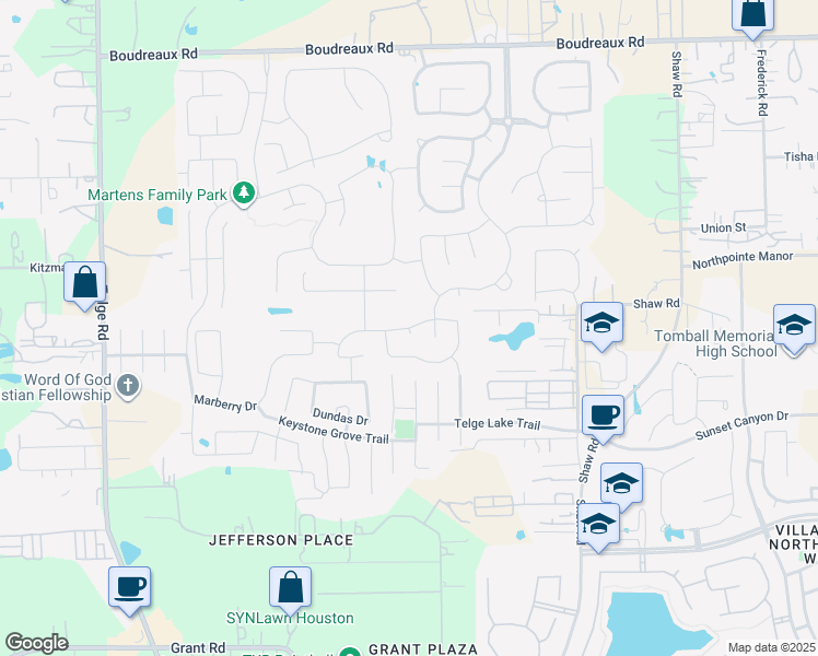map of restaurants, bars, coffee shops, grocery stores, and more near Ravena Woods Ct in Harris County