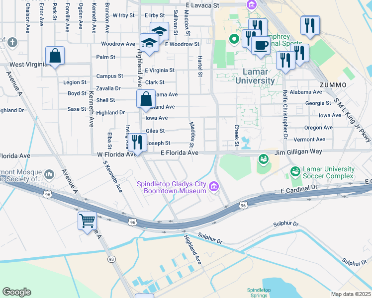 map of restaurants, bars, coffee shops, grocery stores, and more near 475 East Florida Avenue in Beaumont