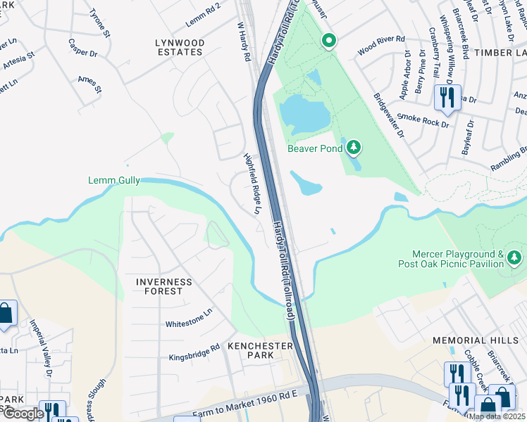 map of restaurants, bars, coffee shops, grocery stores, and more near 22414 Highfield Ridge Lane in Spring
