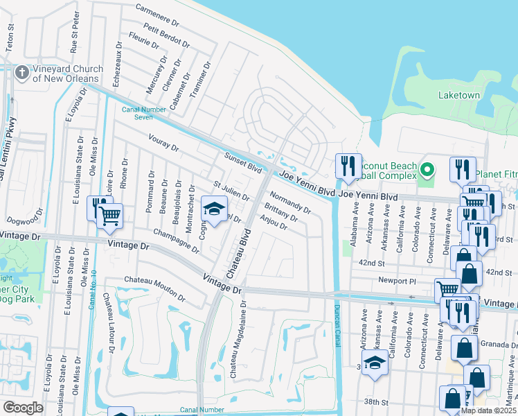 map of restaurants, bars, coffee shops, grocery stores, and more near 4218 Chateau Boulevard in Kenner