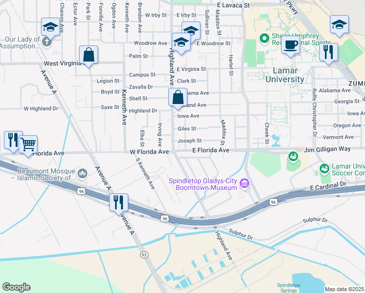 map of restaurants, bars, coffee shops, grocery stores, and more near 155 East Florida Avenue in Beaumont