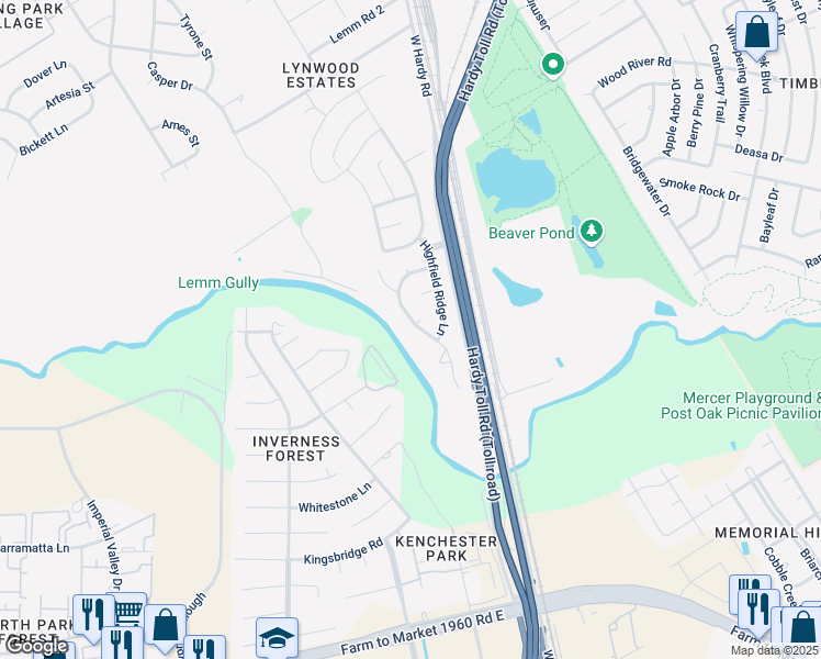 map of restaurants, bars, coffee shops, grocery stores, and more near 22427 Highland Point Lane in Spring