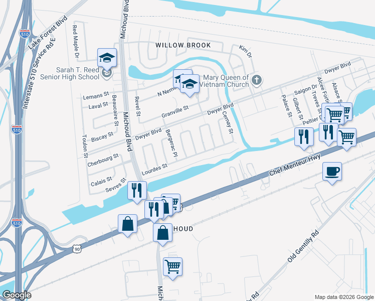 map of restaurants, bars, coffee shops, grocery stores, and more near 4819 Charmes Court in New Orleans