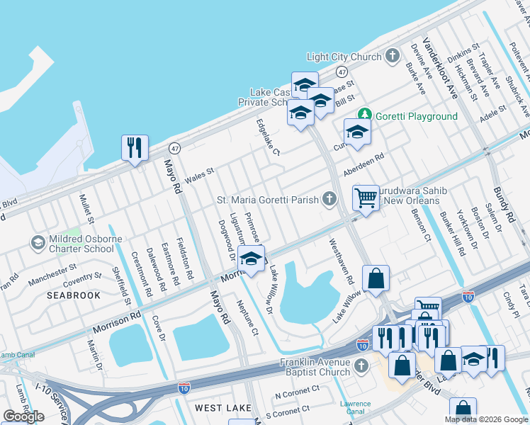 map of restaurants, bars, coffee shops, grocery stores, and more near 7509 Woodbine Drive in New Orleans