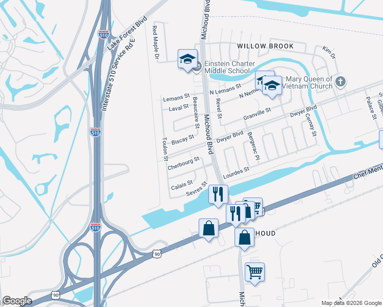 map of restaurants, bars, coffee shops, grocery stores, and more near 1321 Dwyer Boulevard in New Orleans