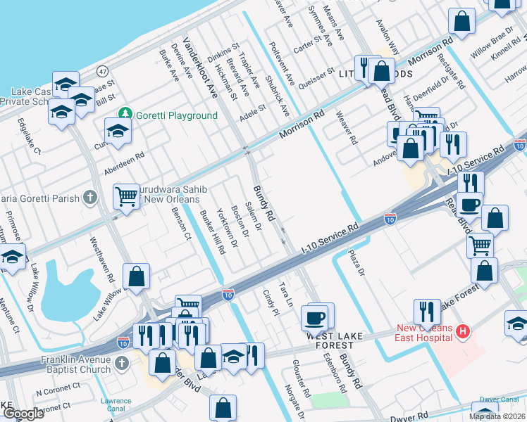 map of restaurants, bars, coffee shops, grocery stores, and more near 7050 Bundy Road in New Orleans