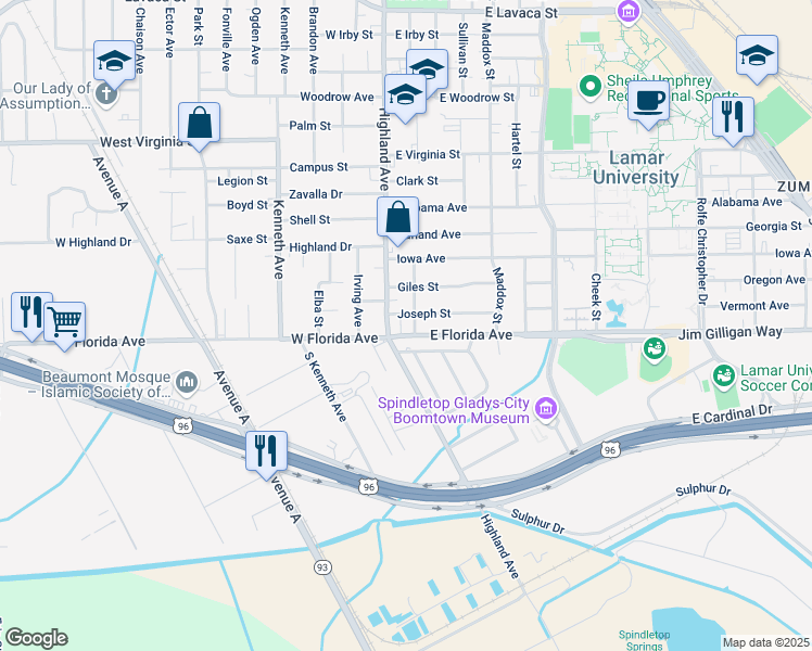 map of restaurants, bars, coffee shops, grocery stores, and more near 155 East Florida Avenue in Beaumont