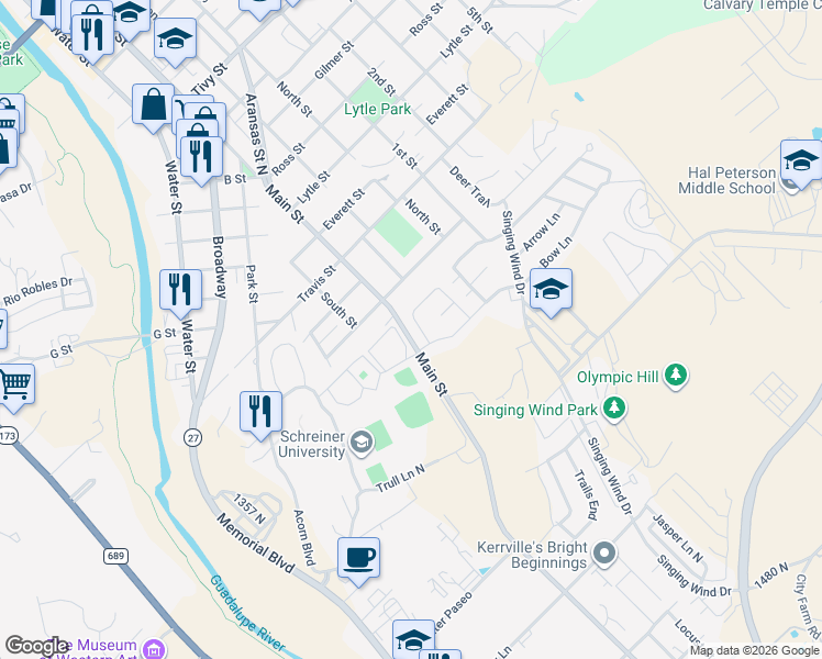 map of restaurants, bars, coffee shops, grocery stores, and more near 1914 Weston Loop in Kerrville