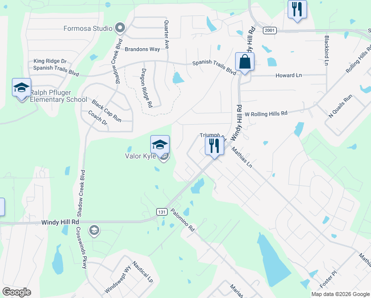 map of restaurants, bars, coffee shops, grocery stores, and more near 374 Triumph Road in Buda