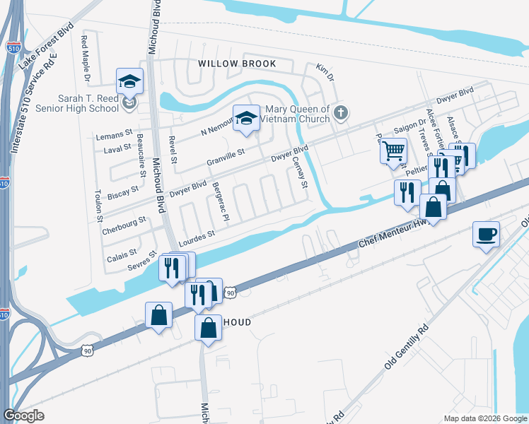 map of restaurants, bars, coffee shops, grocery stores, and more near 4800 Brittany Court in New Orleans