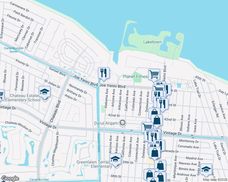 map of restaurants, bars, coffee shops, grocery stores, and more near 4332 Arizona Avenue in Kenner