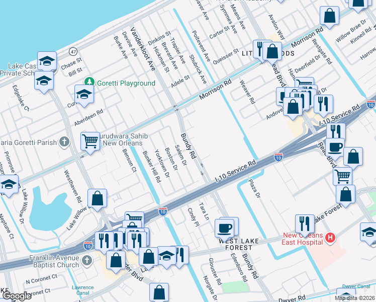 map of restaurants, bars, coffee shops, grocery stores, and more near 7050 Bundy Road in New Orleans