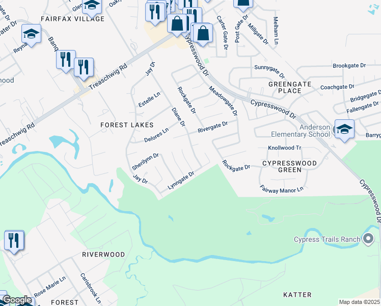 map of restaurants, bars, coffee shops, grocery stores, and more near 22201 Diane Drive in Spring