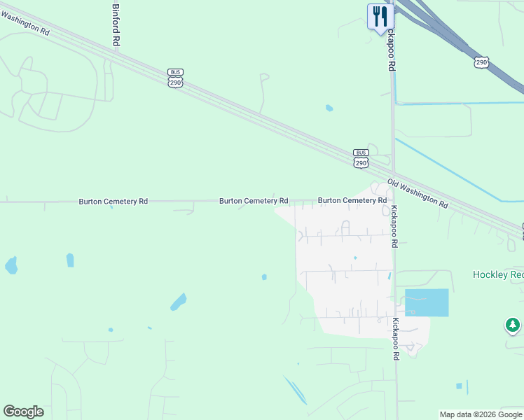 map of restaurants, bars, coffee shops, grocery stores, and more near 30002 Burton Cemetery Road in Waller