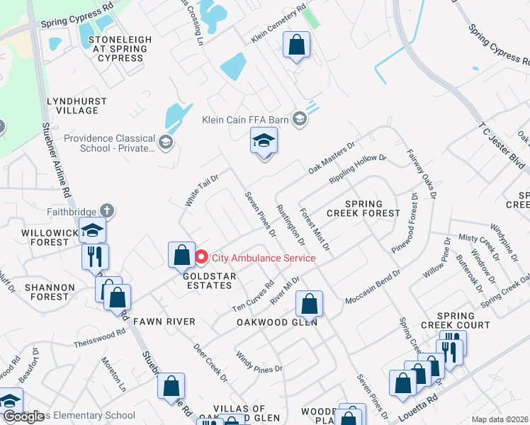 map of restaurants, bars, coffee shops, grocery stores, and more near 17714 Seven Pines Drive in Spring