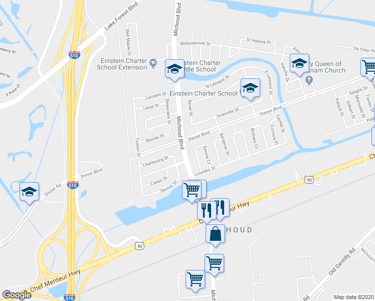 map of restaurants, bars, coffee shops, grocery stores, and more near 4927 Michoud Boulevard in New Orleans