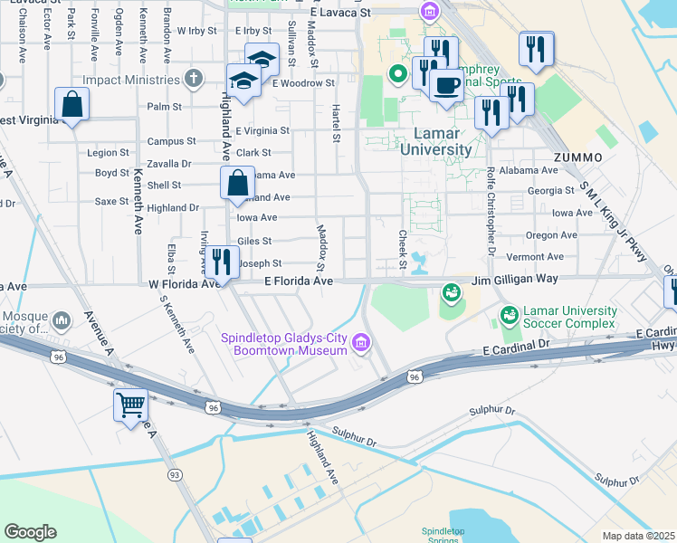 map of restaurants, bars, coffee shops, grocery stores, and more near 5180 Chambers Street in Beaumont