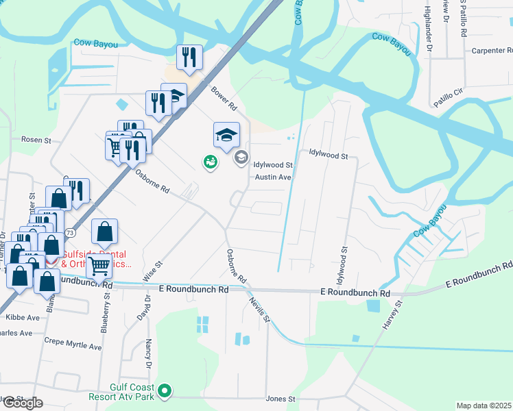 map of restaurants, bars, coffee shops, grocery stores, and more near 8 Parkland Circle in Bridge City