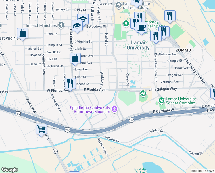 map of restaurants, bars, coffee shops, grocery stores, and more near 5180 Chambers Street in Beaumont