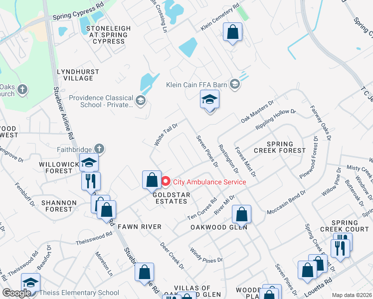 map of restaurants, bars, coffee shops, grocery stores, and more near 17727 Telegraph Creek Drive in Spring