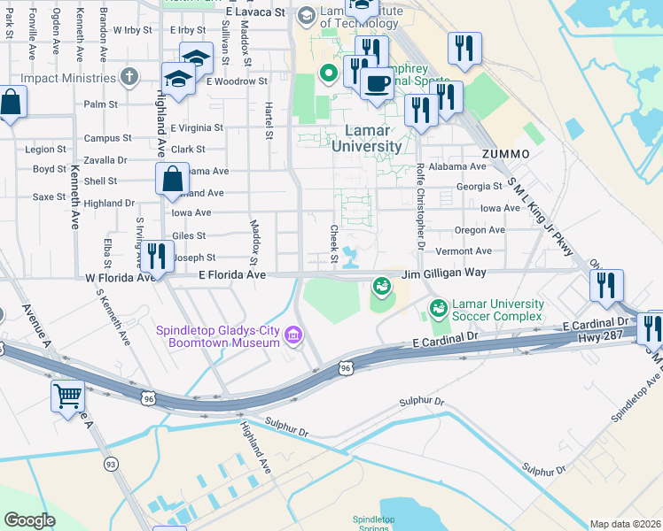 map of restaurants, bars, coffee shops, grocery stores, and more near 755 Jim Gilligan Way in Beaumont