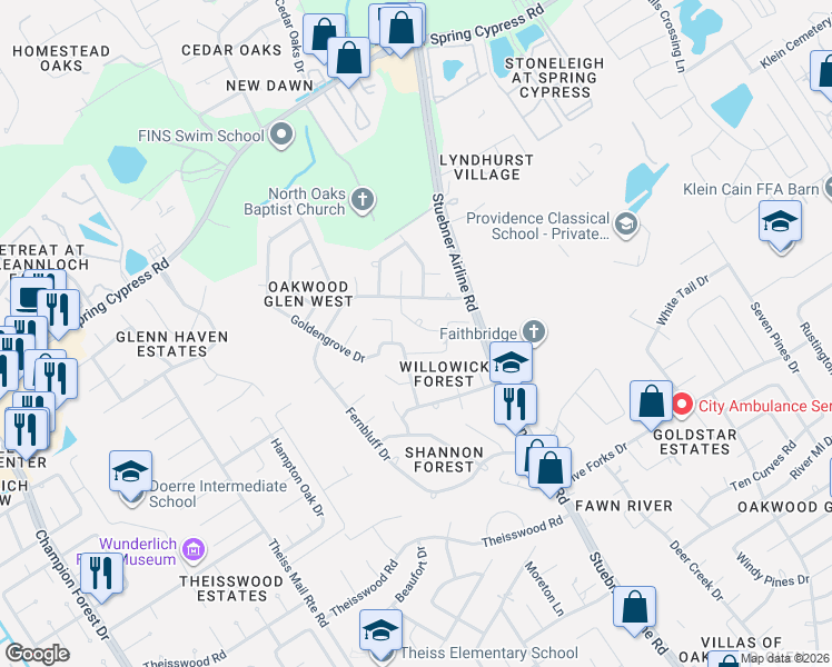 map of restaurants, bars, coffee shops, grocery stores, and more near 18411 Branchdale Lane in Spring